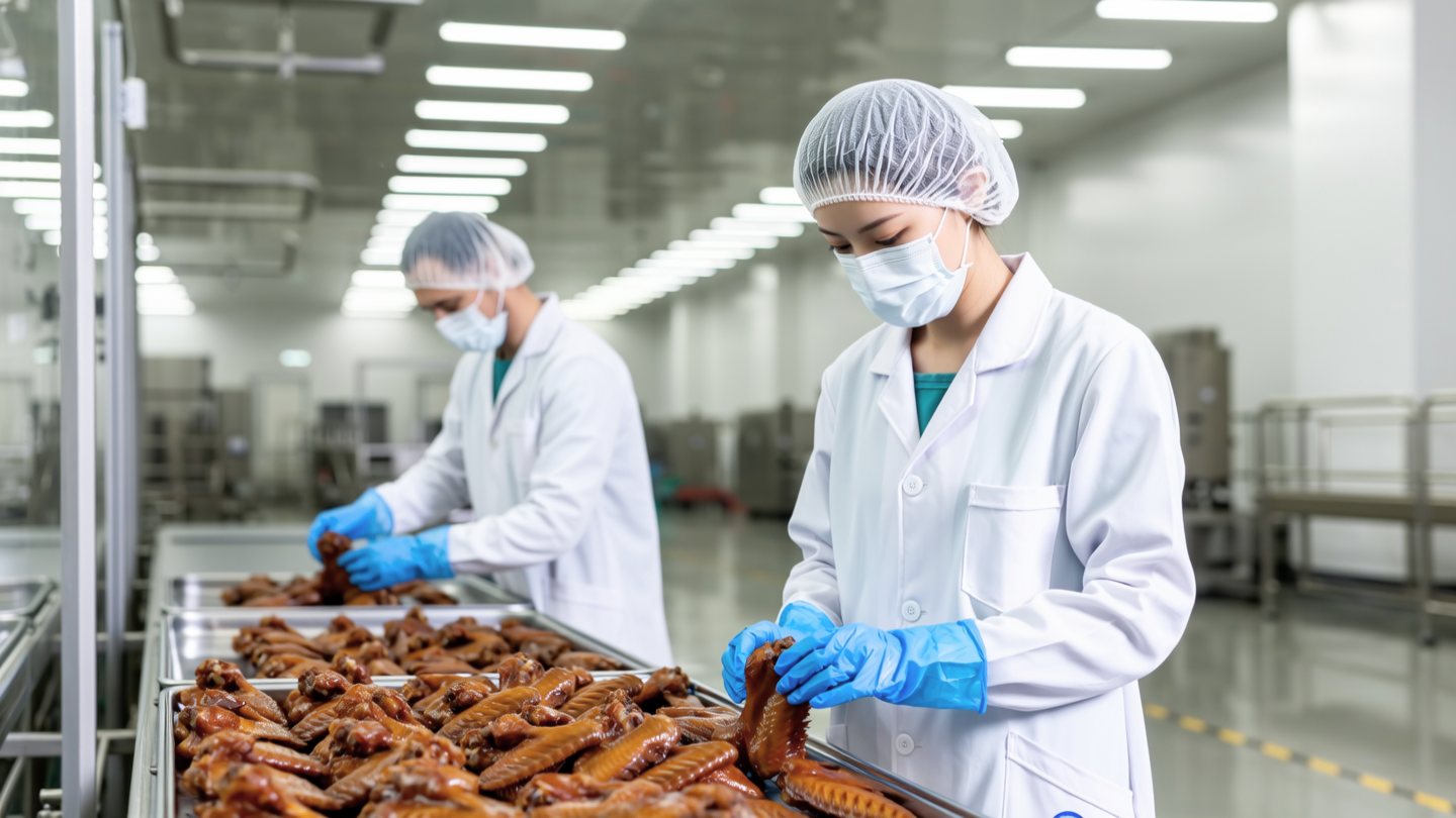 食品工厂车间画面,AI 识别框跟踪工人的发网、口罩、手套和出品
