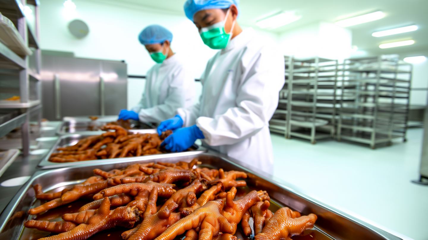 卤味加工车间实时画面：穿戴整齐的工人在分装卤味，AI 正在框选识别工序